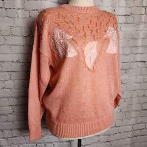 M | Lace Leafs Pullover Sweater, 80s Paris Pink Lace Leaf Appliqué Sweater Top